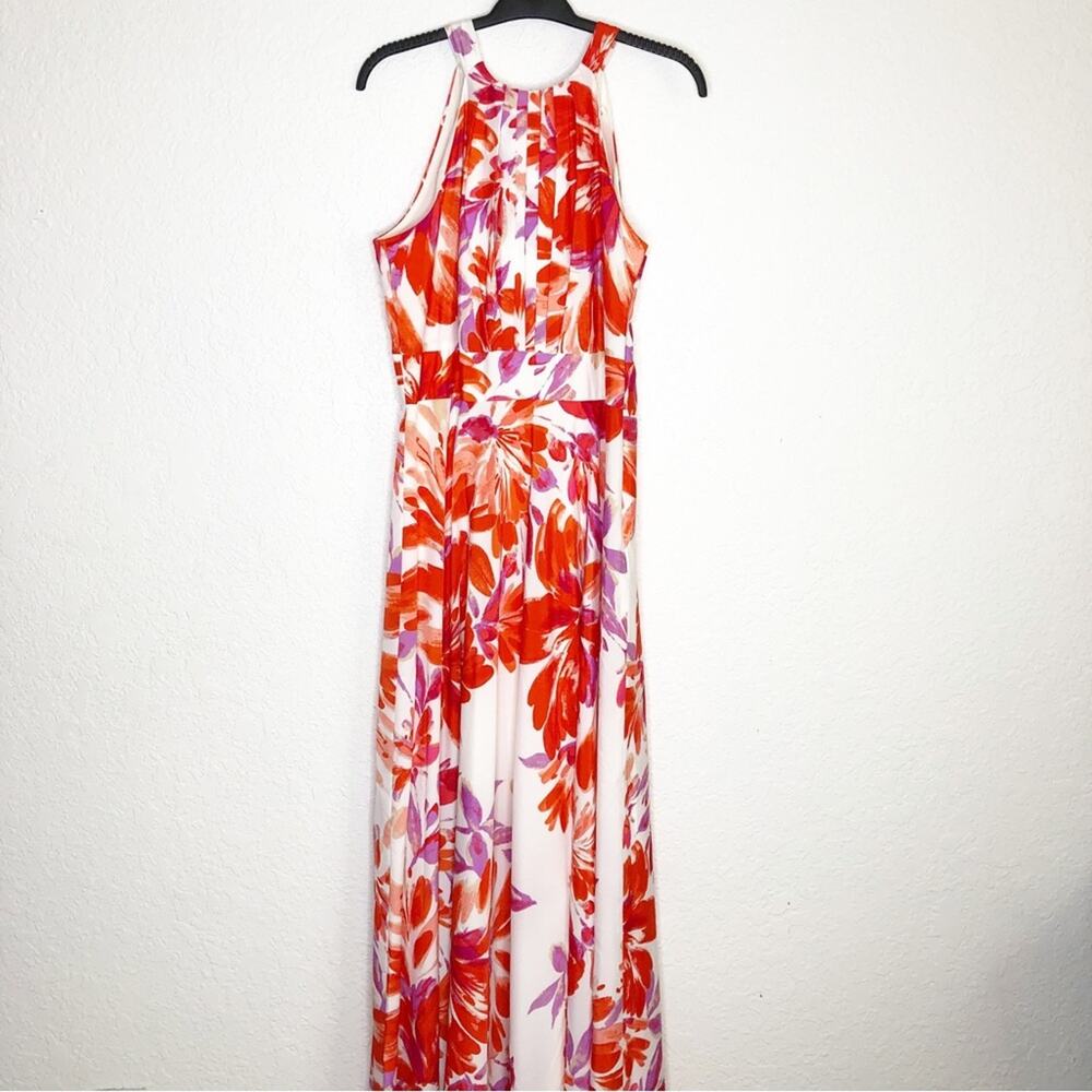 Eliza J red orange purple white floral halter maxi dress size 10